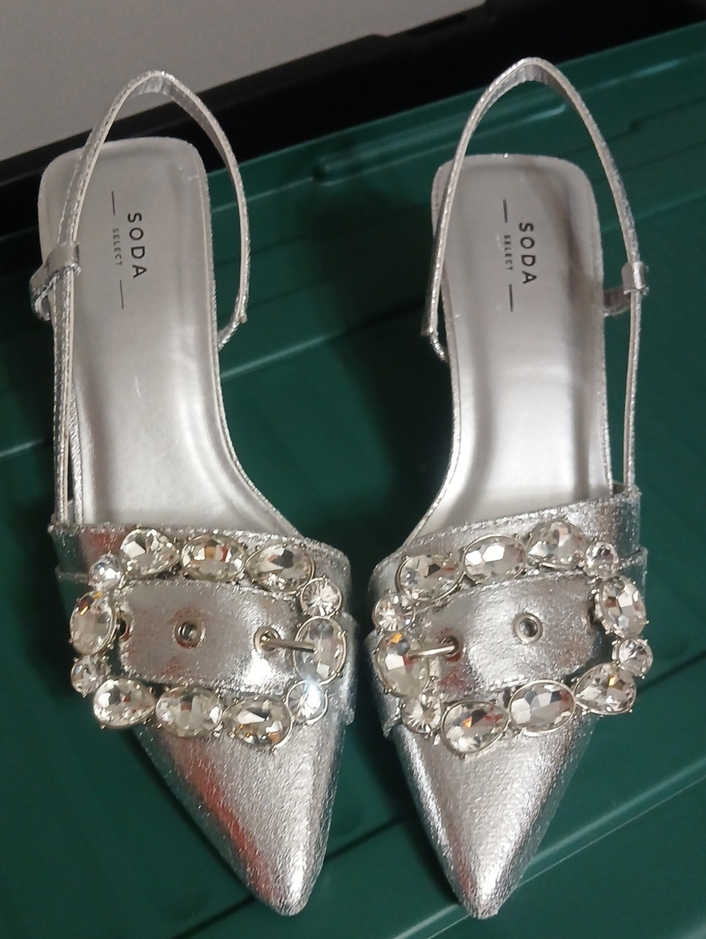 Soda Select Silver Jeweled Pointed Slingback Heels